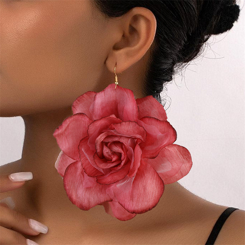 Oversized Chiffon Rose Flower Earrings for Women