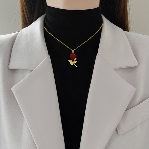 Luxury Full Diamond Rose Stainless Steel Necklace