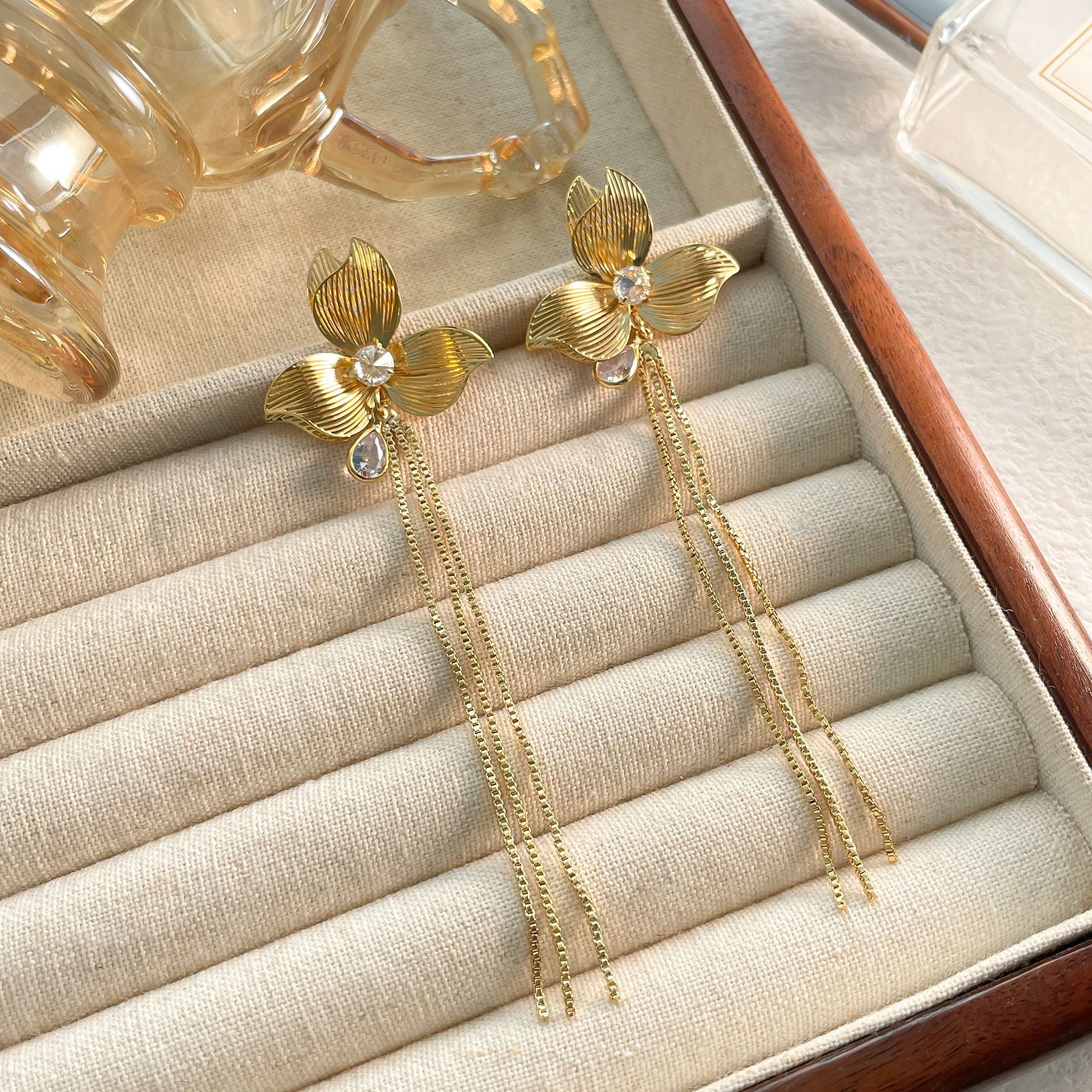Golden Flower Long Tassel Drop Earrings