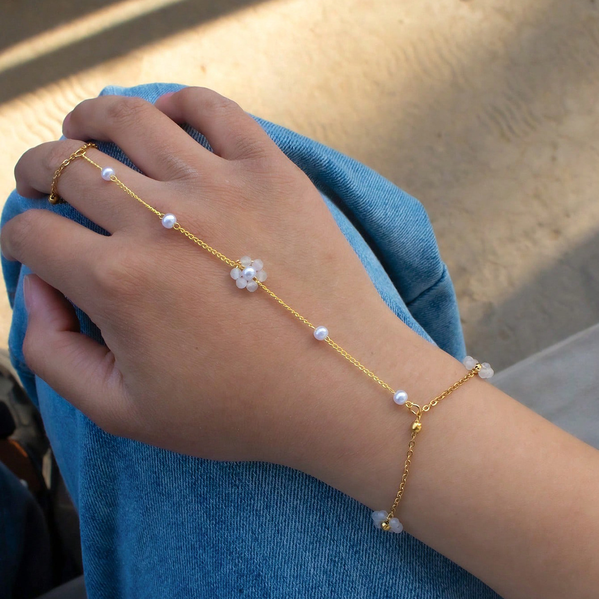 Original Handmade Stainless Steel Beaded Natural Stone Flower Linked Finger Bracelet