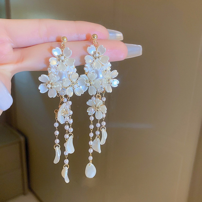 Shell Flower Tassel Pearl Earrings Chinese Style Elegant Dangle Earrings