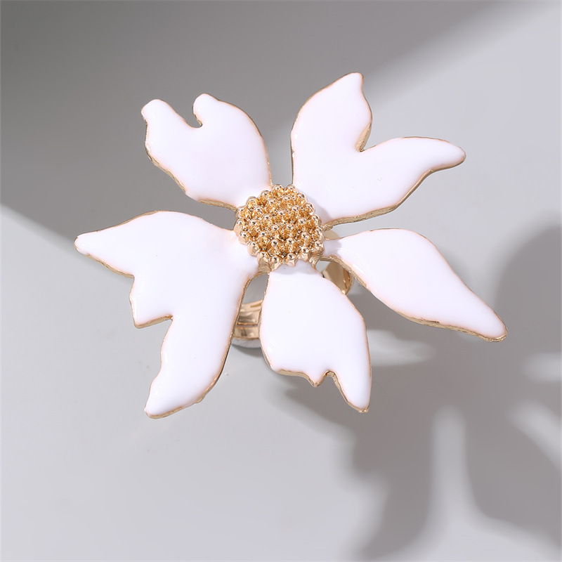 White Enamel Flower Ring for Women, Gold Tone Oversized Floral Statement Ring