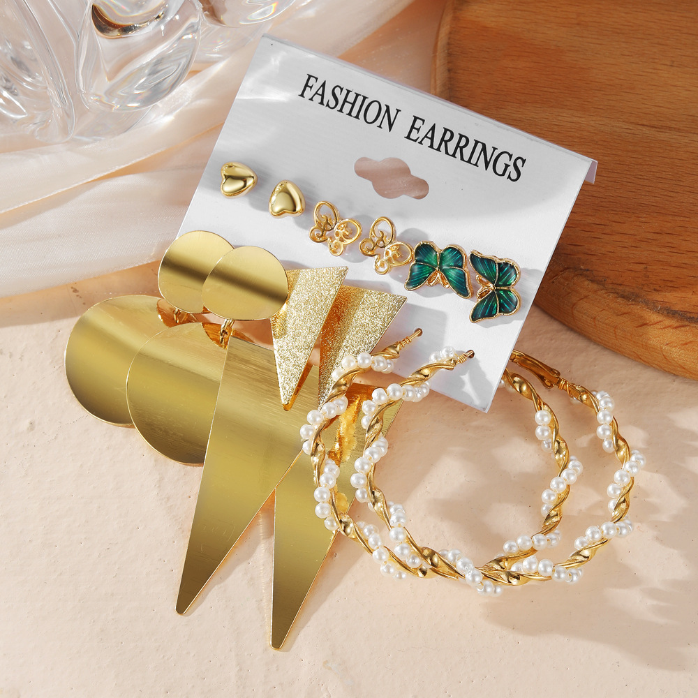 6-Pair Gold Butterfly & Hoop Earring Set with Pearl Studs