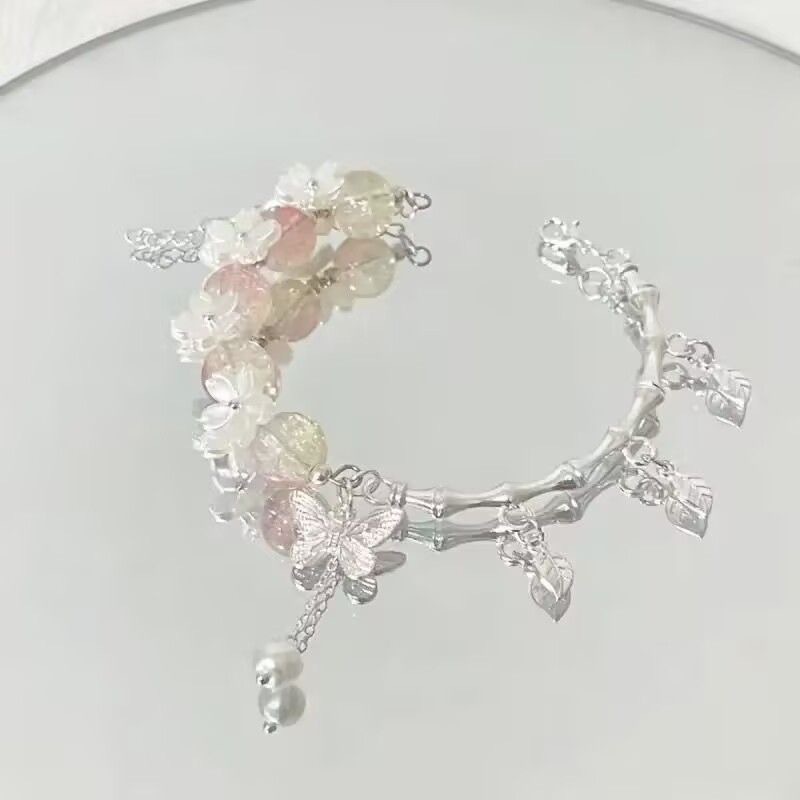 Chinese Style Bamboo Butterfly Bracelet, Cool Tone Burst Bead Bracelet