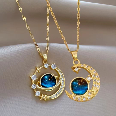 Fashion Moon Star Planet Pendant Necklace Blue Galaxy Stone Rhinestone Crescent Couple Jewelry For Women
