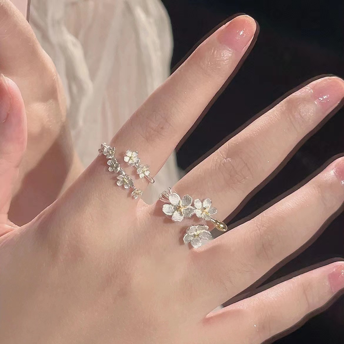 Silver Floral Branch Open Ring Set – Delicate Gold Accent Flower Statement Rings, Nature Inspired Jewelry for Women