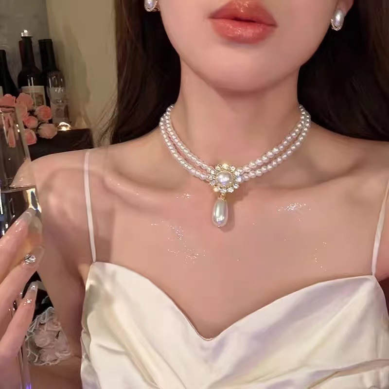 Luxury Double Pearl Chain Necklace with Crystal Embellished Pendant