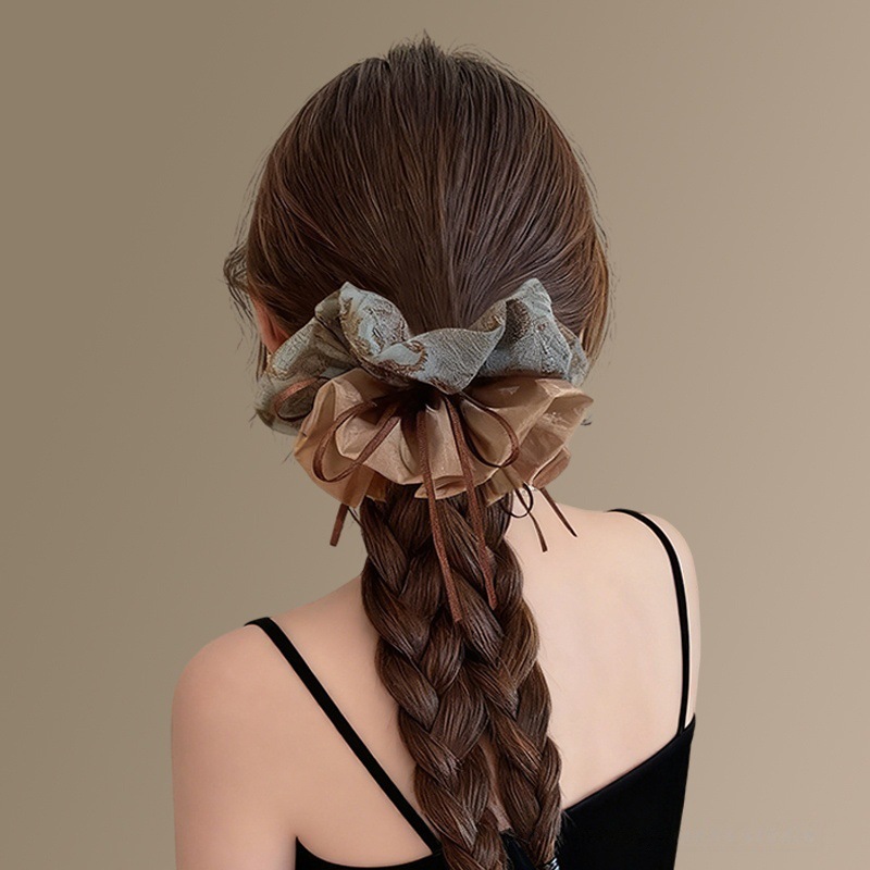 Elegant Floral Double Layer Scrunchie with Ribbon