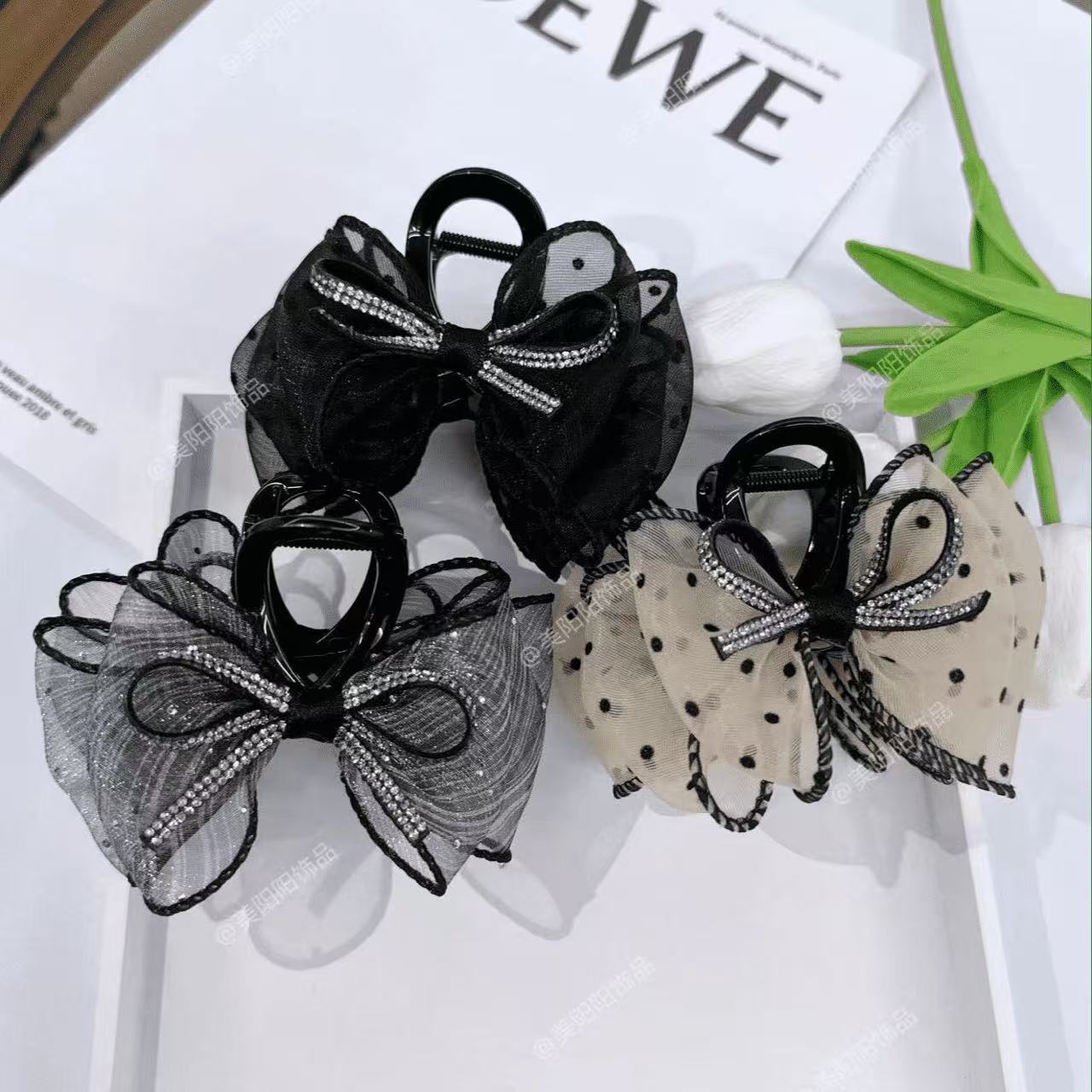 Shiny Bow Polka Dot Mesh Hair Claw