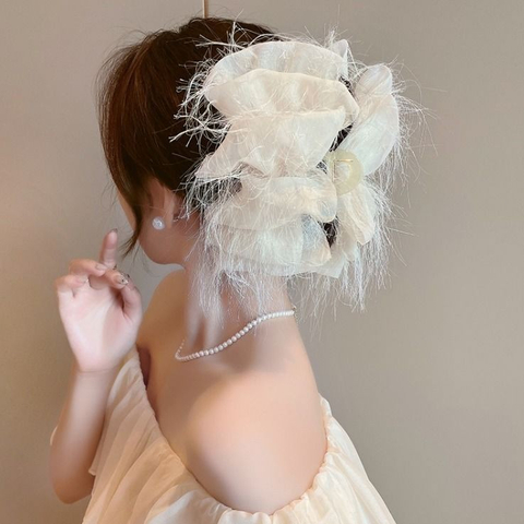 Multi Bow Feather Hair Claw Clip