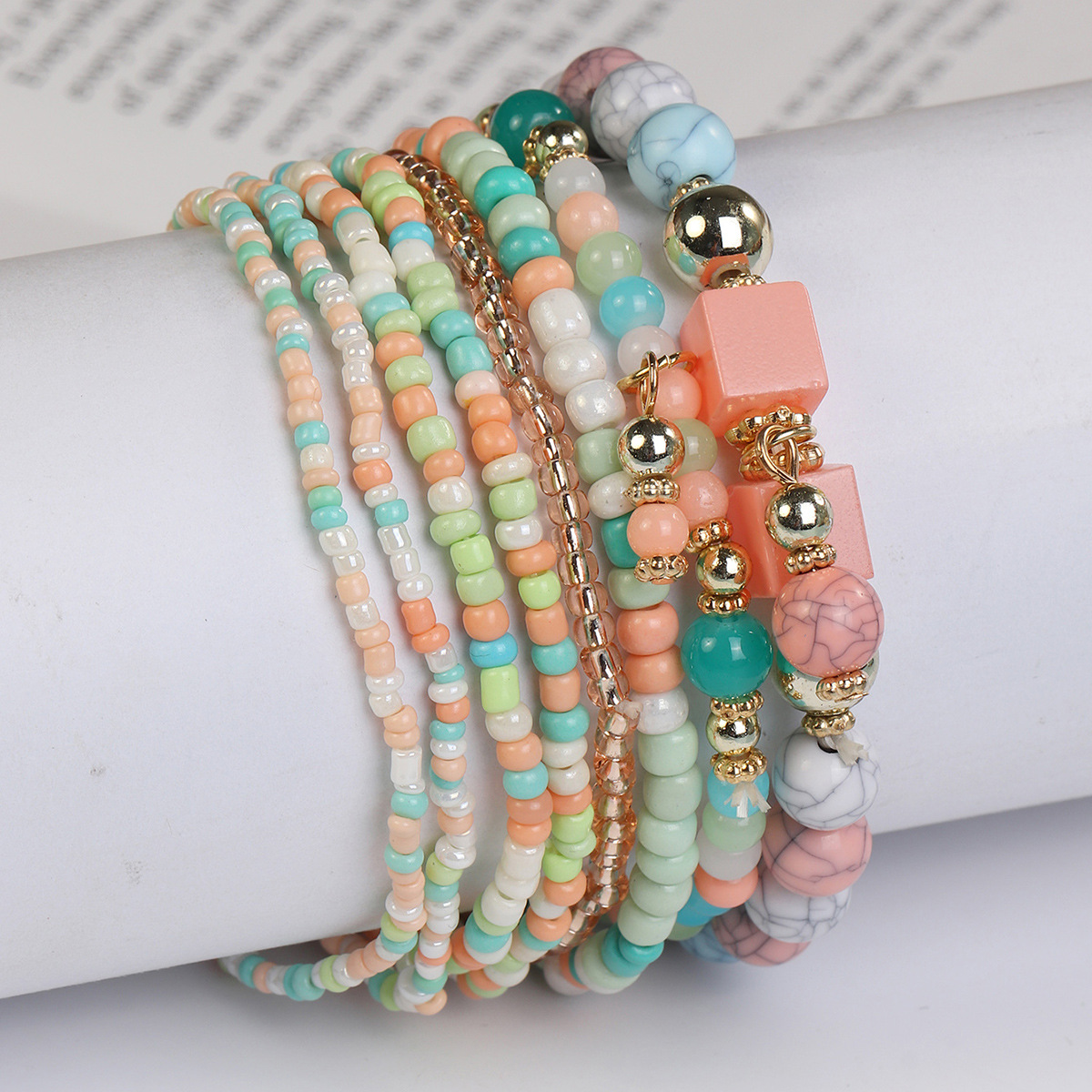 Boho Multi-Layer Beaded Bracelet Set with Turquoise Howlite Accents Stackable Beachy Jewelry