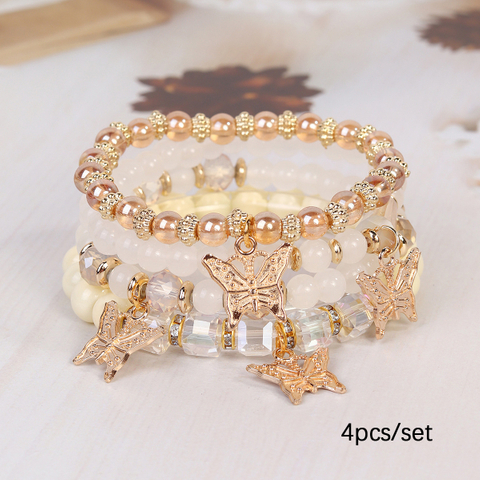 4pcs/Set Elegant Gold Butterfly Charm Beaded Bracelets Stackable Crystal Pearl Bracelet Set