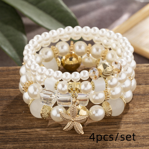 4pcs/Set Boho Pearl & Crystal Beaded Bracelets with Starfish Charm | Beachy Stackable Bracelet Set