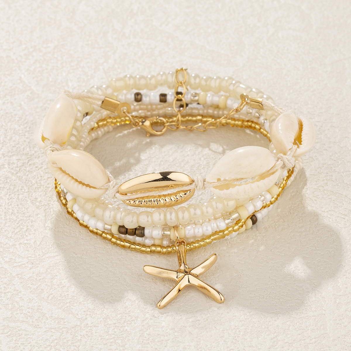 Boho Beachy Shell & Starfish Beaded Bracelet Set | Stackable Coastal Jewelry