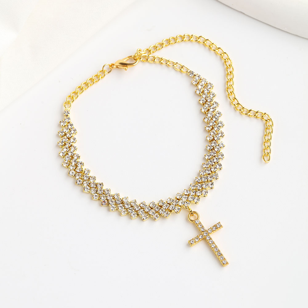 Rhinestone Cross Anklet for Women, Silver Plated Crystal Wave Ankle Bracele
