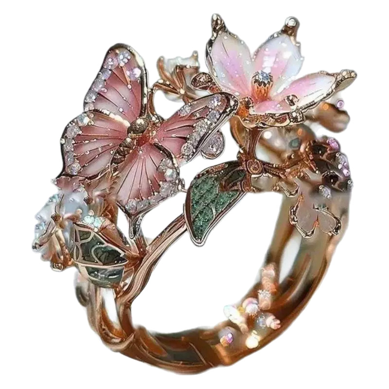 Enamel Butterfly & Flower Ring | Rose Gold Crystal Floral Jewelry