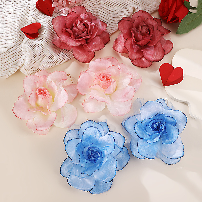 Oversized Chiffon Rose Flower Earrings for Women