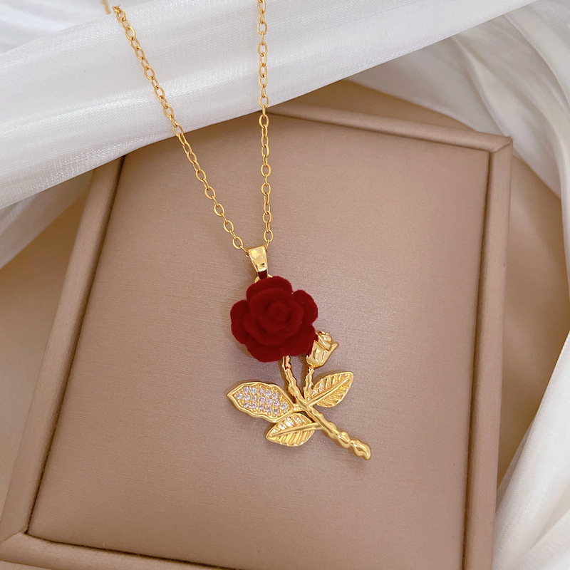 Luxury Full Diamond Rose Stainless Steel Necklace