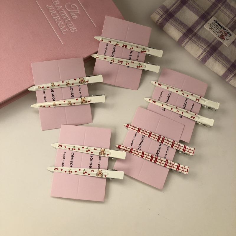 Cherry Bear Plaid No-Bend Hair Clips Sweet Side Barrettes Makeup Clips