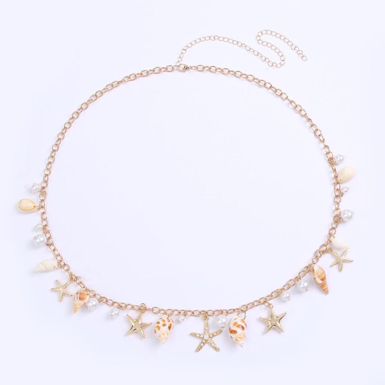 Seashell Starfish Pearl Chain Belt - Beach Boho Adjustable Waist Jewelry