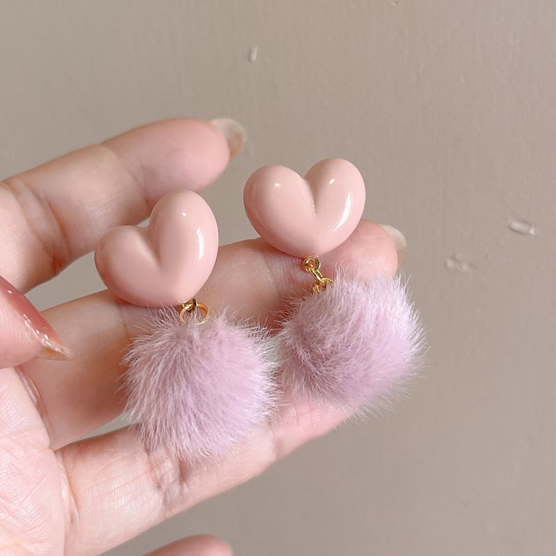 Sweet Heart Pom Pom Earrings Soft Pink Plush Ball Drop Earrings Cute Girlish Jewelry 