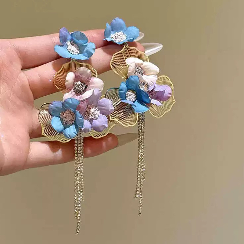 Summer Sweet Colorful Flower Rhinestone Tassel Earrings
