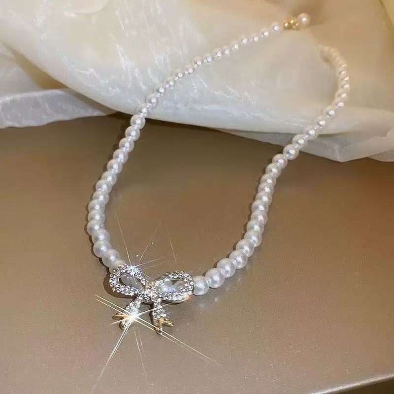 Pearl Bow Choker Necklace – Sparkling Crystal & Elegant Pearl Jewelry for Women