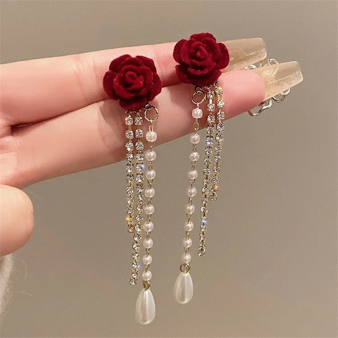 Velvet Camellia Pearl Tassel Earrings