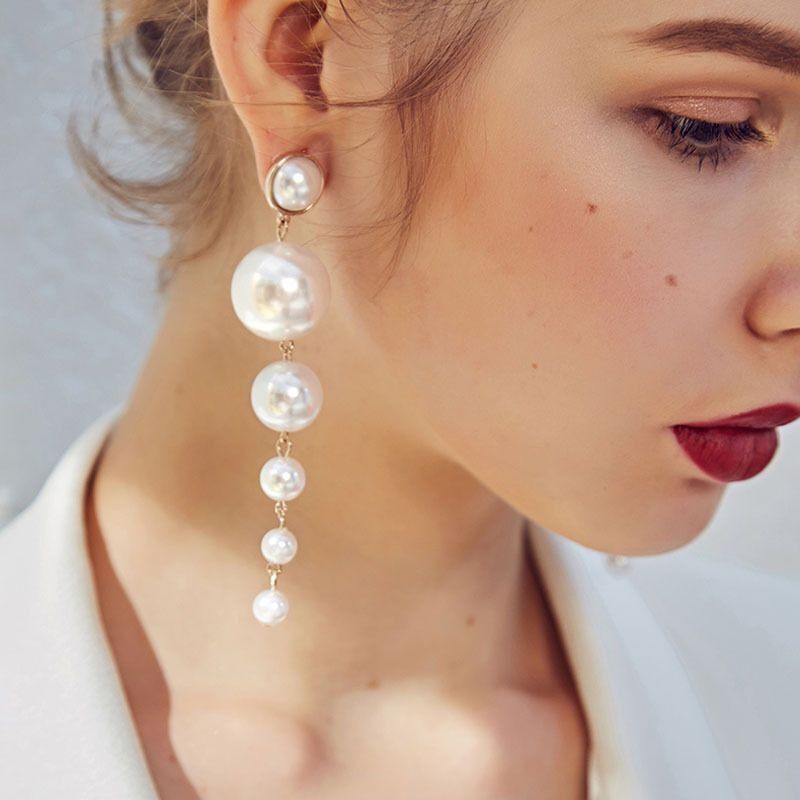 Exaggerated Long Pearl Drop Earrings for Women