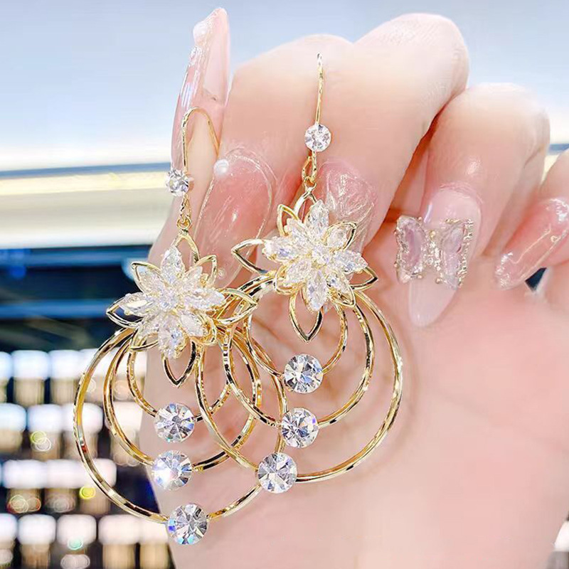 New Five-Petal Flower Tassel Zircon Earrings