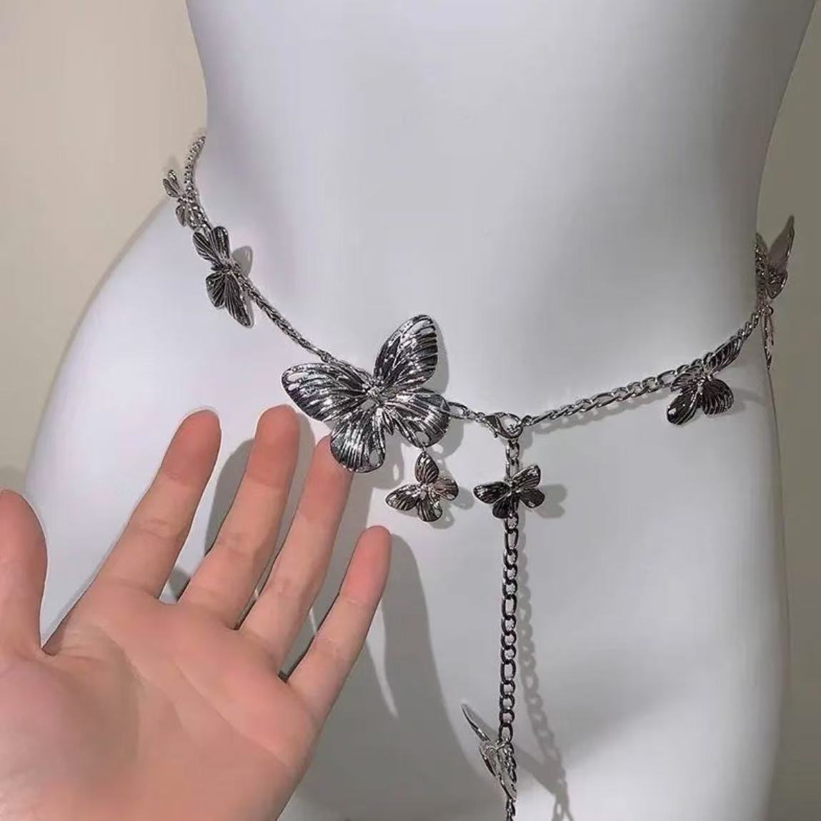 Silver Butterfly Layered Chain Belt - Y2K Aesthetic Adjustable Waist Body Jewelry