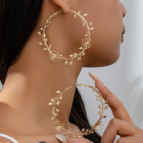 Gold Floral Hoop Earrings – Delicate Branch & Flower Statement Earrings for Women Boho Nature Inspired Jewelry