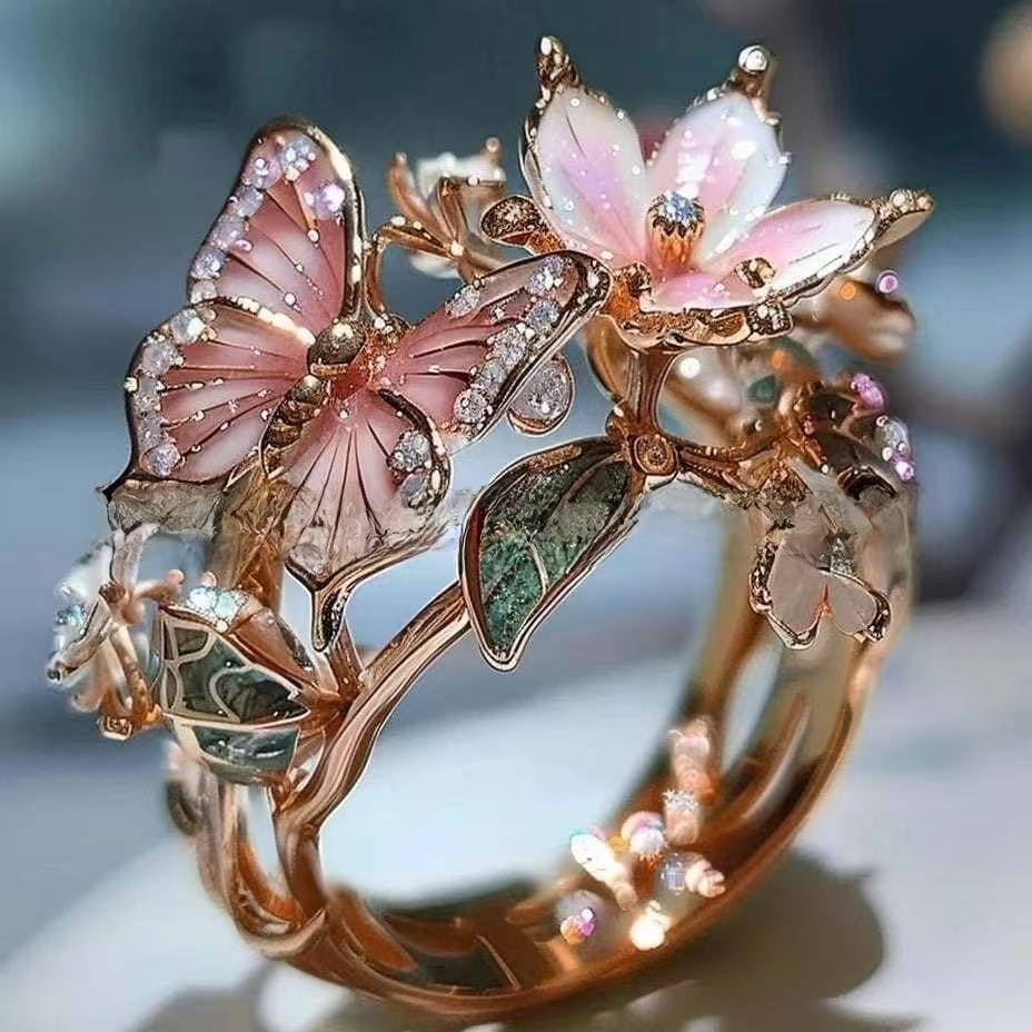 Enamel Butterfly & Flower Ring | Rose Gold Crystal Floral Jewelry