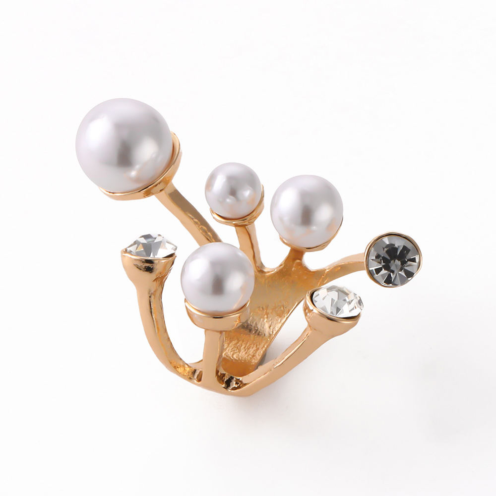 Luxury Pearl & Crystal Open Ring for Women – Asymmetric Gradient Pearl Statement Ring, Adjustable Gold Tone Fashion Jewelry