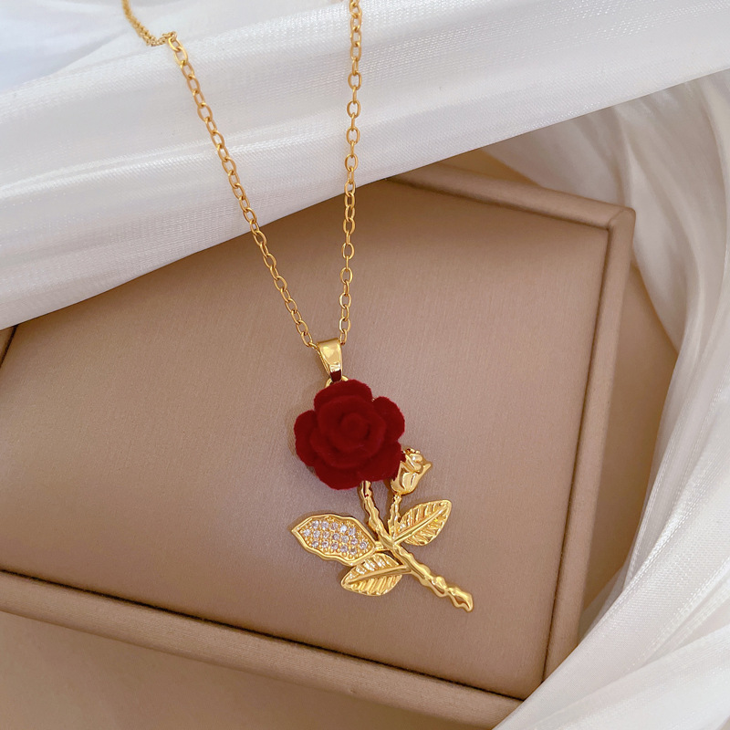 Luxury Full Diamond Rose Stainless Steel Necklace