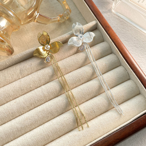 Golden Flower Long Tassel Drop Earrings