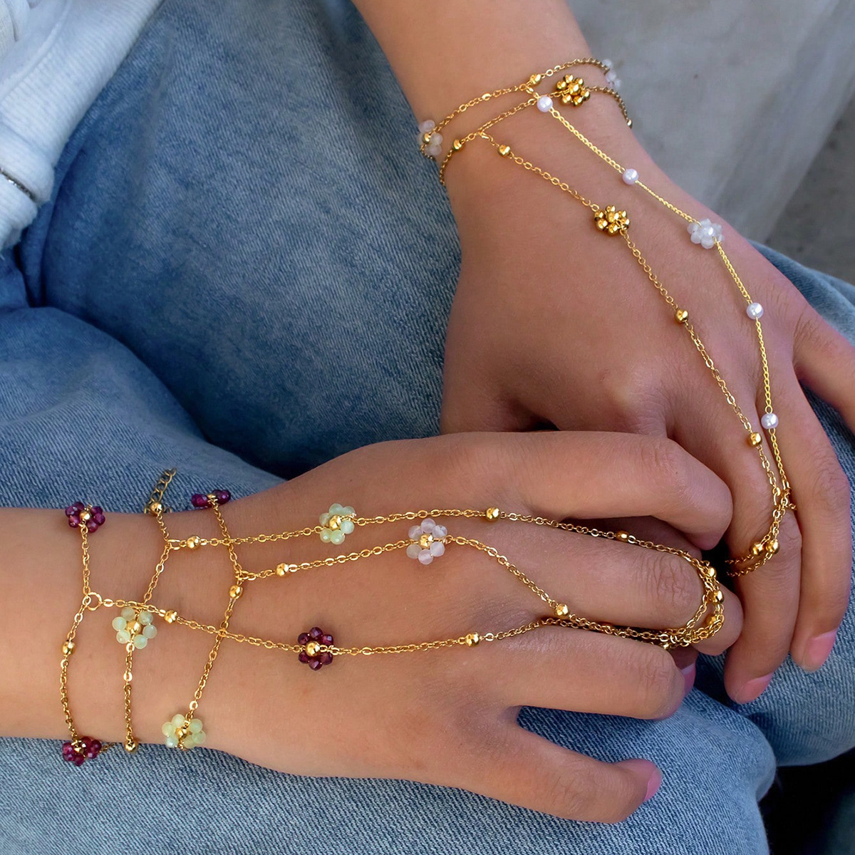 Original Handmade Stainless Steel Beaded Natural Stone Flower Linked Finger Bracelet