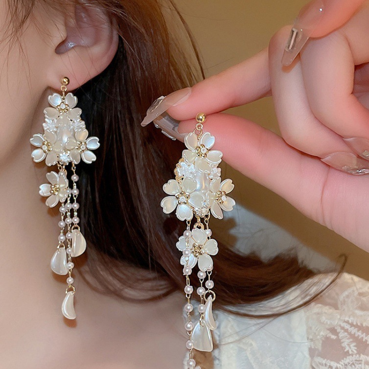 Shell Flower Tassel Pearl Earrings Chinese Style Elegant Dangle Earrings