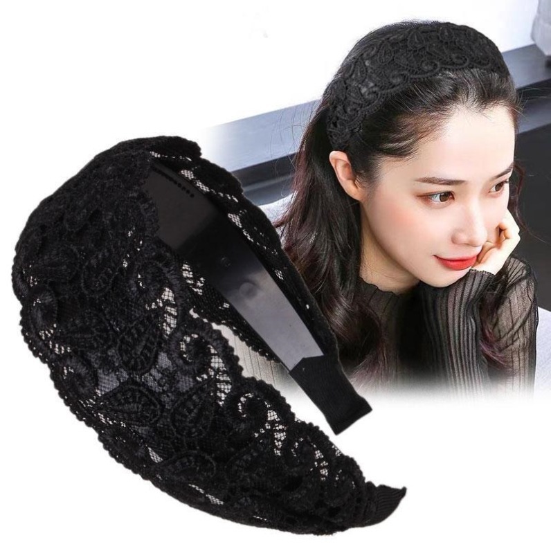 Wide Lace Breathable Headband for Women - White Hair Coverage