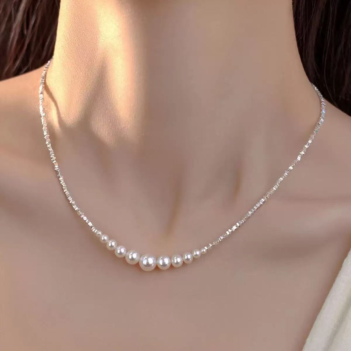 Shimmering Silver Chain with Curved Pearl Smile Necklace | Elegant Bridal Jewelry