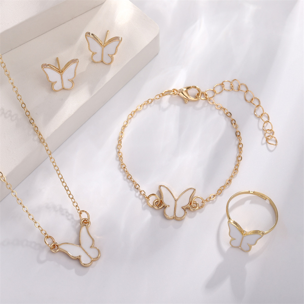 Korean Style Pink Enamel Butterfly Jewelry Set