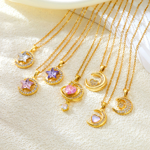 Fashion Gold Plated Moon Star Heart Pendant Necklace, Rhinestone Crescent Celestial Jewelry For Women