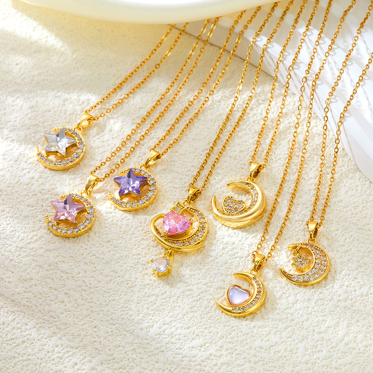 Fashion Gold Plated Moon Star Heart Pendant Necklace, Rhinestone Crescent Celestial Jewelry For Women