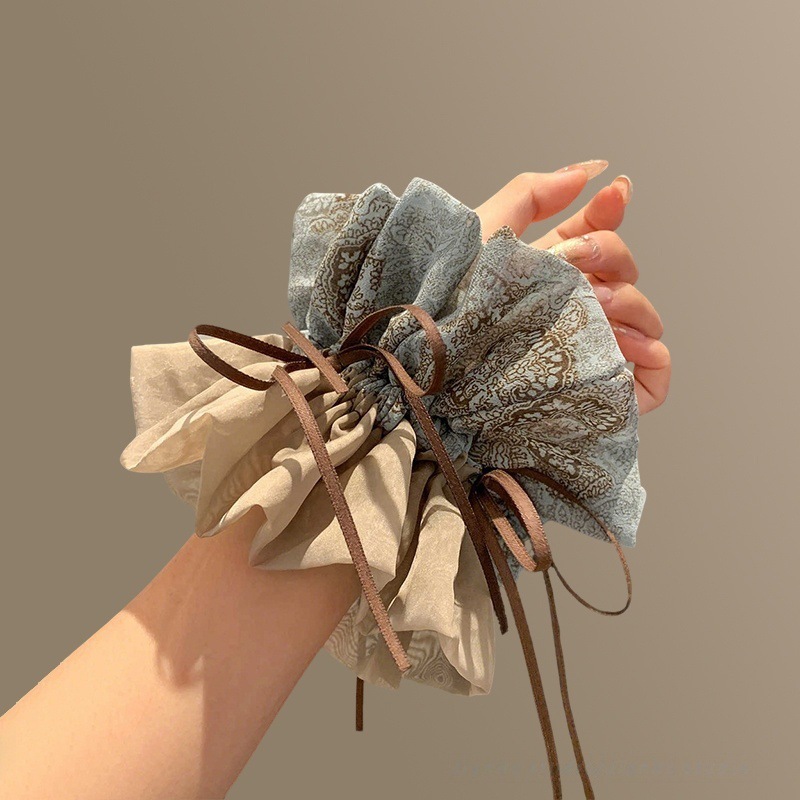 Elegant Floral Double Layer Scrunchie with Ribbon