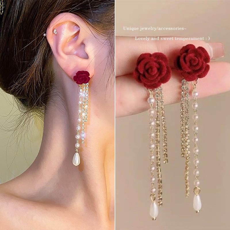 Velvet Camellia Pearl Tassel Earrings