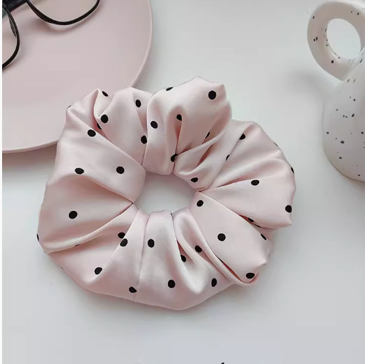 Pink Polka Dot Satin Scrunchie with Bow