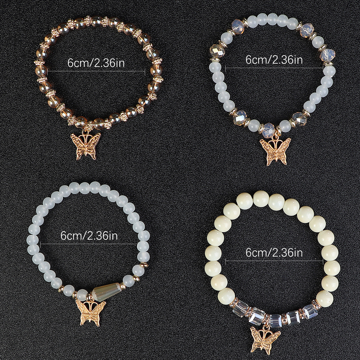 4pcs/Set Elegant Gold Butterfly Charm Beaded Bracelets Stackable Crystal Pearl Bracelet Set