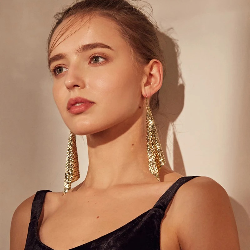 Fashion Metal Sequin Tassel Earrings – New Square Geometric Long Dangle Earrings