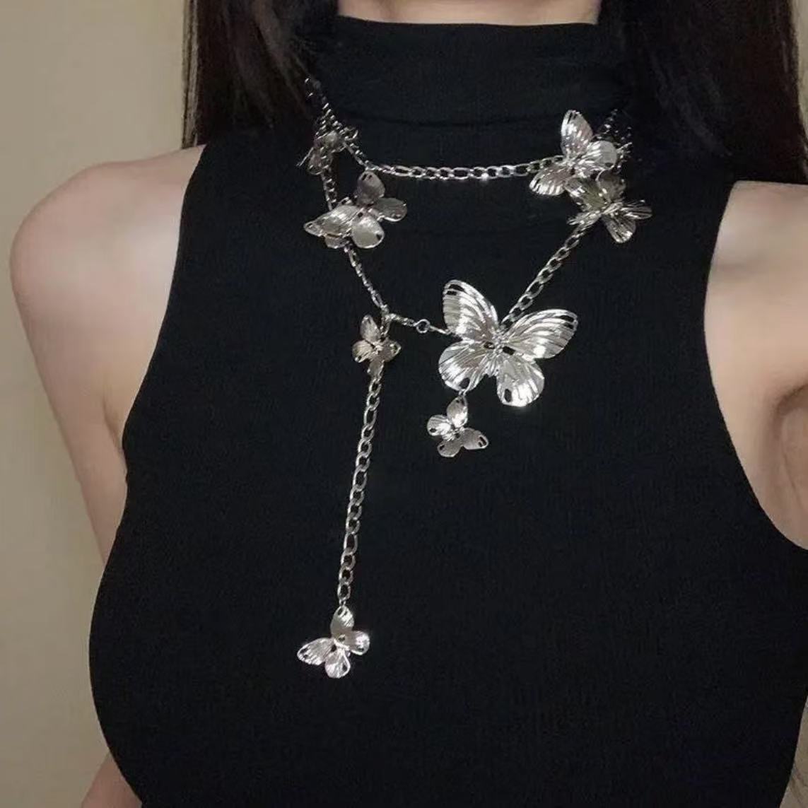 Silver Butterfly Layered Chain Belt - Y2K Aesthetic Adjustable Waist Body Jewelry