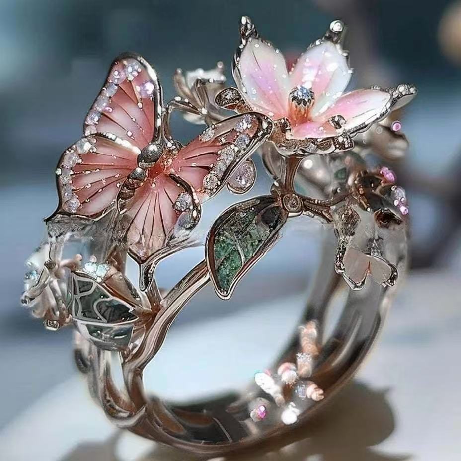 Enamel Butterfly & Flower Ring | Rose Gold Crystal Floral Jewelry